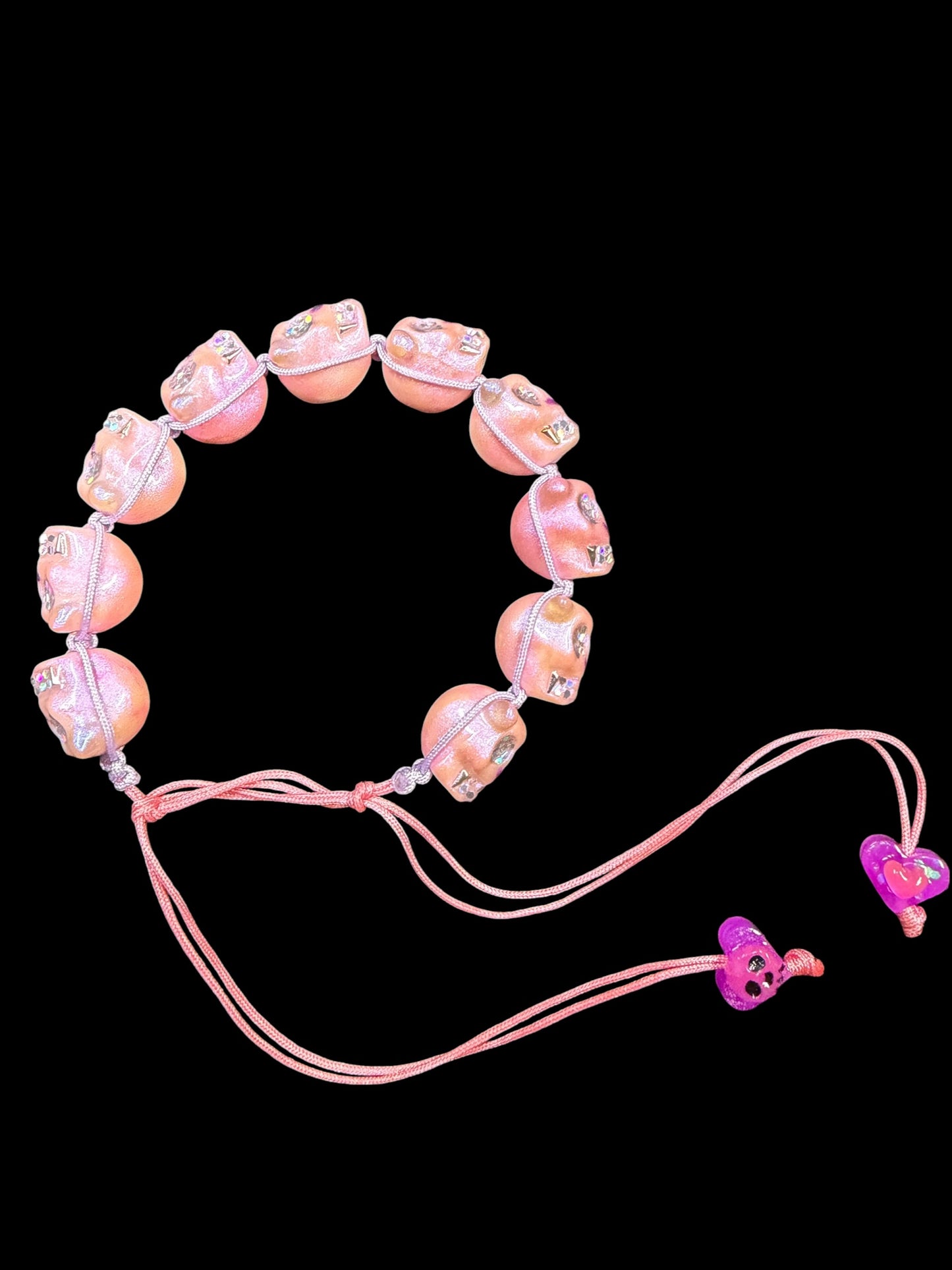 Skull Kitty Bracelet — Hand-Painted Pink Cat Skull with Glitter & Purple Heart Detail