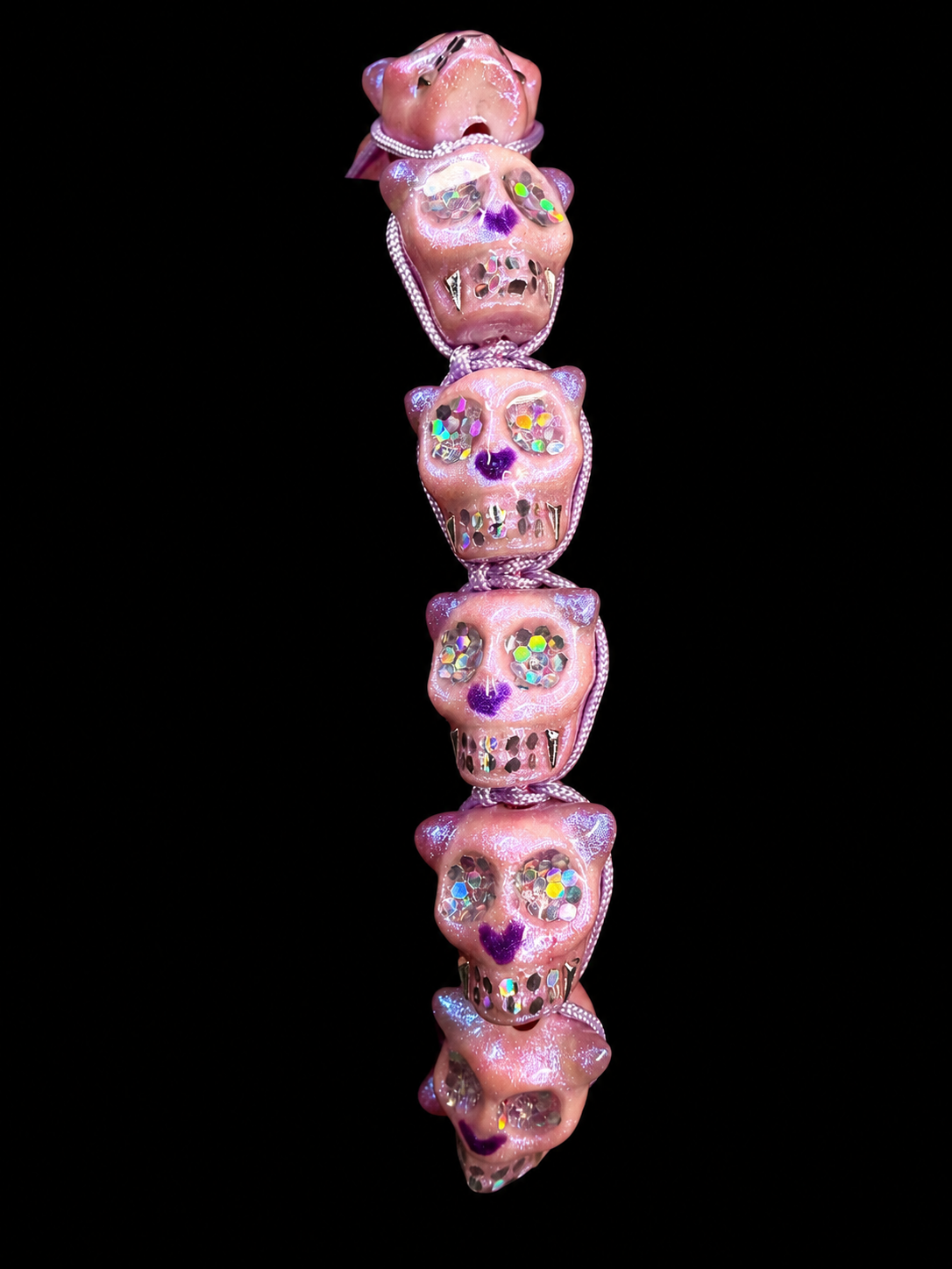 Skull Kitty Bracelet — Hand-Painted Pink Cat Skull with Glitter & Purple Heart Detail